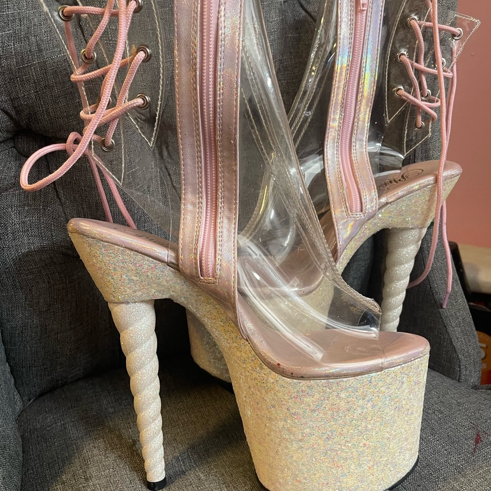 Pleaser Pink and Clear Glitter Platform Heels pleaser